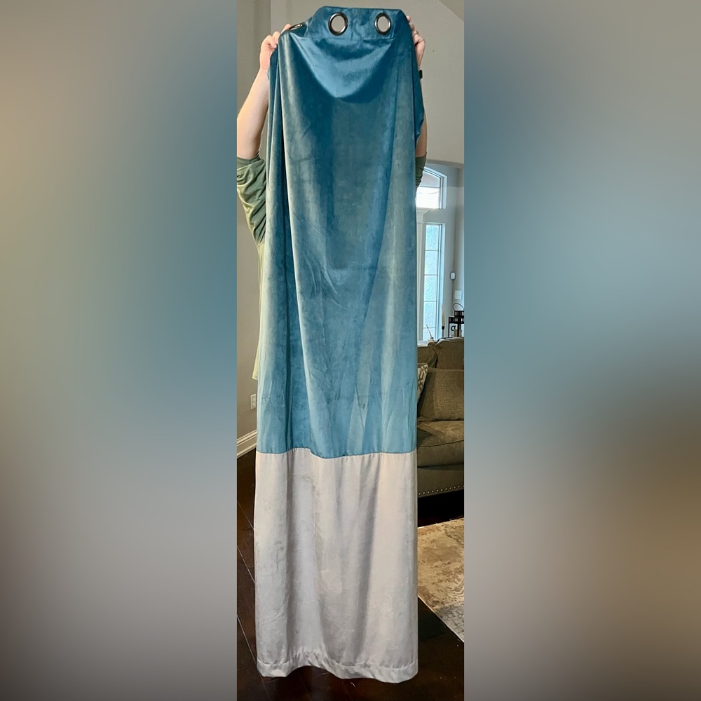 Set of two blue and gray curtains; 38”x84”